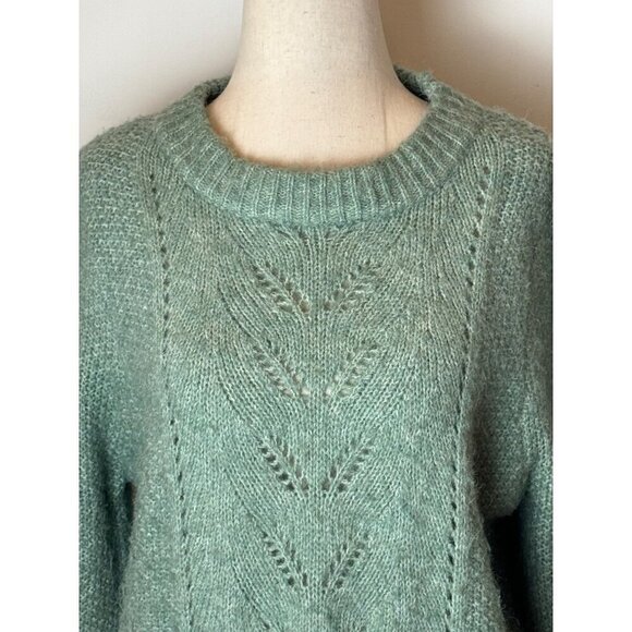 FRNCH Sweater Women Large Green Fuzzy Knit Puff Ballon Sleeve Crew Neck Pullover - Picture 7 of 11